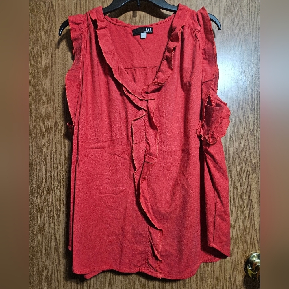 KUT From the Kloth Red Ruffle V Neck Sleeveless Linen Blend Blouse XL